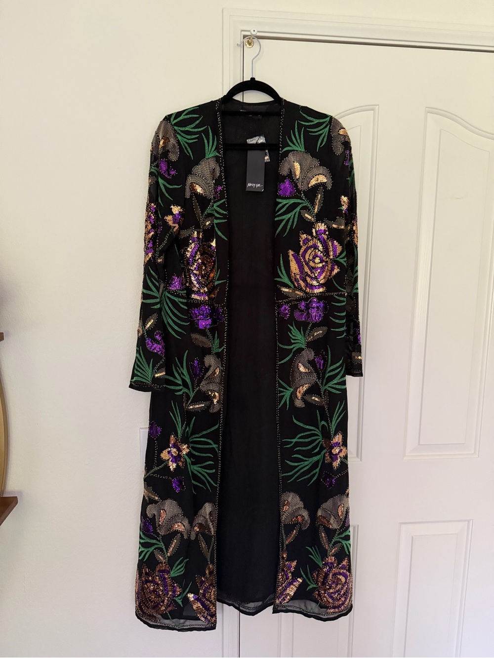 Nasty Gal Black Sequin Floral Embroidered Duster with Green Leaf Accents